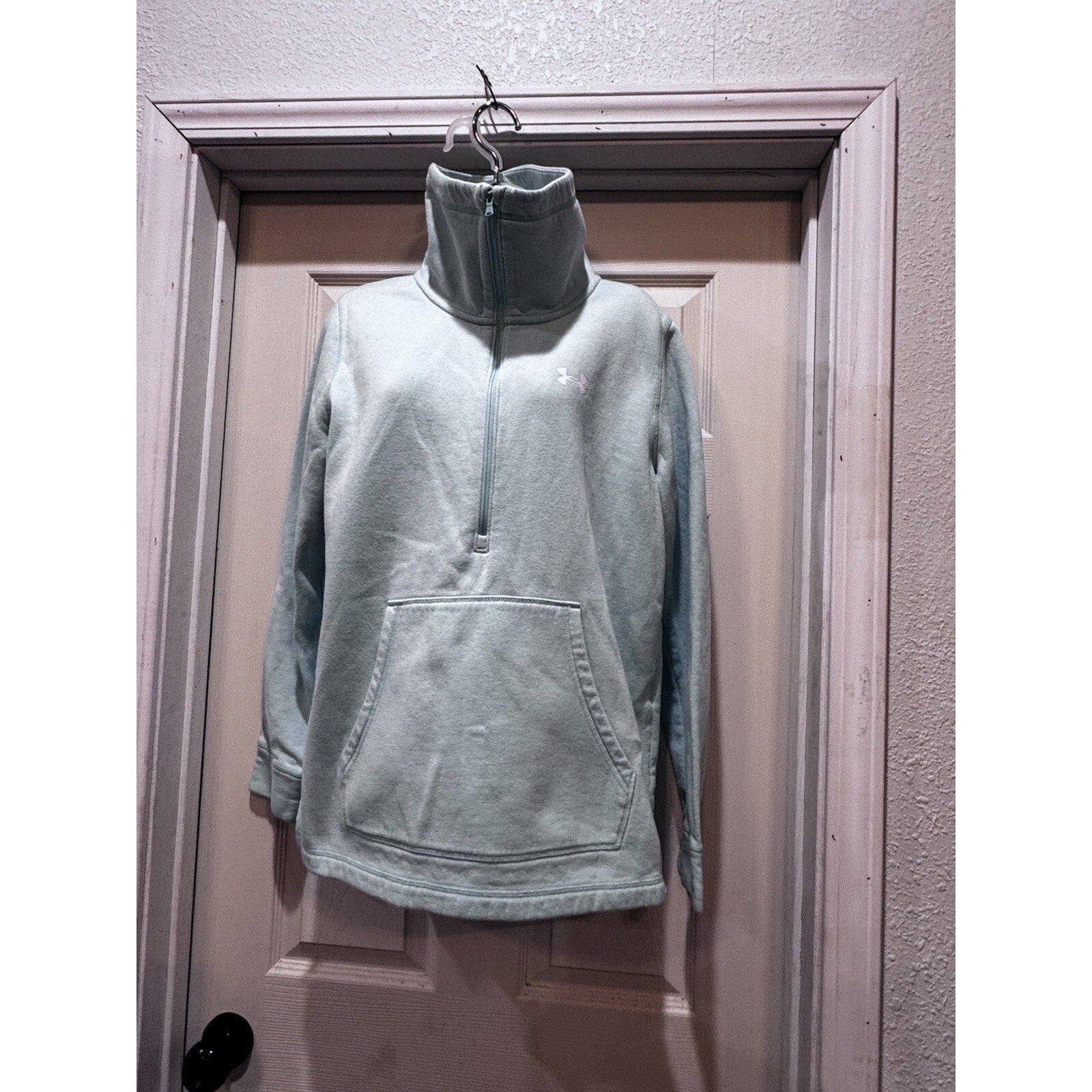 Under Armour Womens Quarter Zip Sweatshirt Fleece Large Mint Green Logo on Back