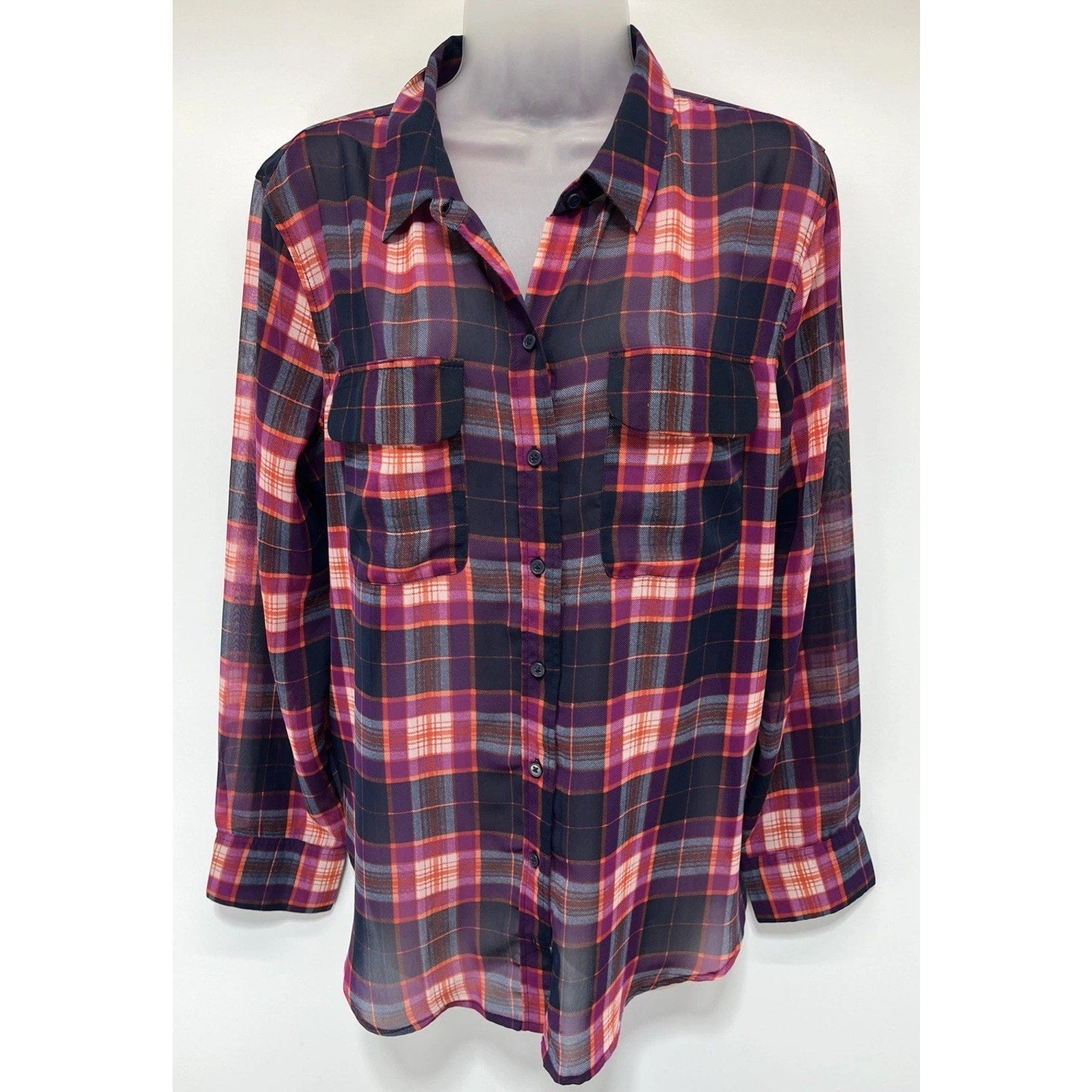 Banana Republic Factory Button-up Shirt Sheer Pink Blue Plaid Long Sleeve Lp