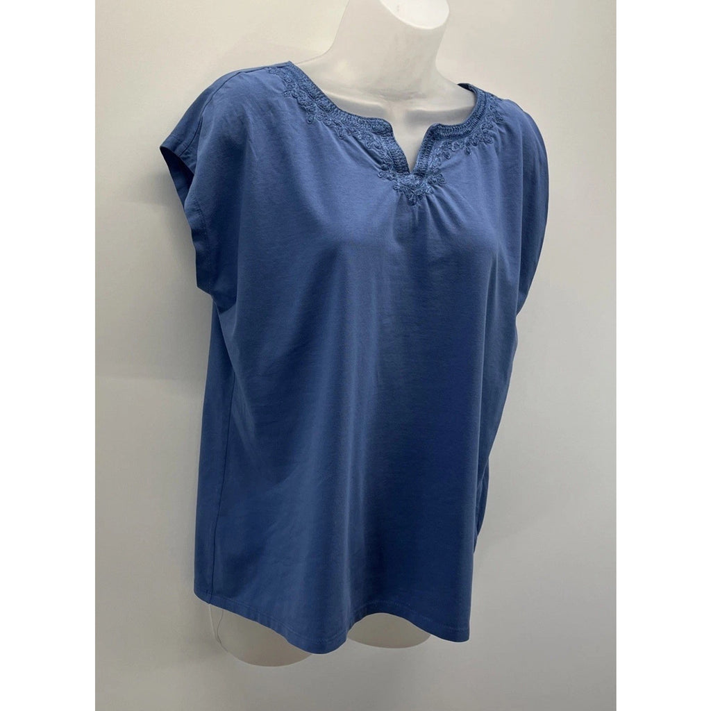 TALBOTS Embroidered Women short sleeve Top - blue - Petite Size PL