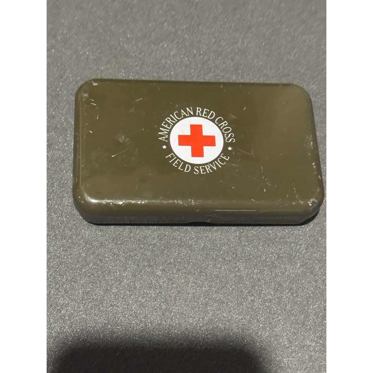 American Red Cross Field Service First Aid Metal Tin Olive Green 5” w/ Contents
