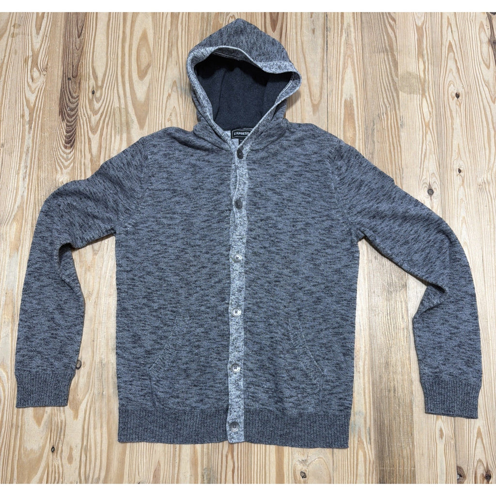 EXPRESS Mens Full Button Hooded Cardigan, Heather Gray Sz L 100% Cotton