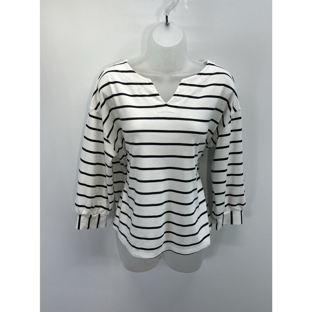 Croft & Barrow Womens White Black Striped Split Neck Cropped Blouse Top Size L