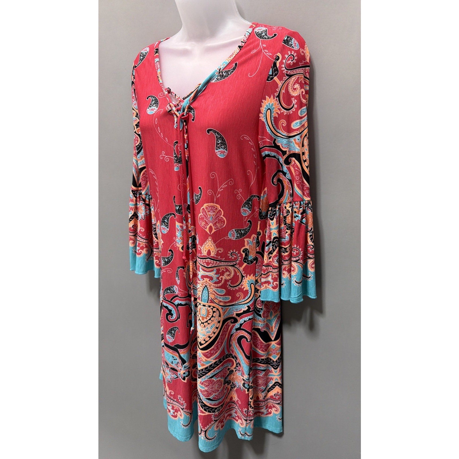 Pink Coconut Boutique Women's S Colorful Paisley Bell Sleeve Boho Shift Dress