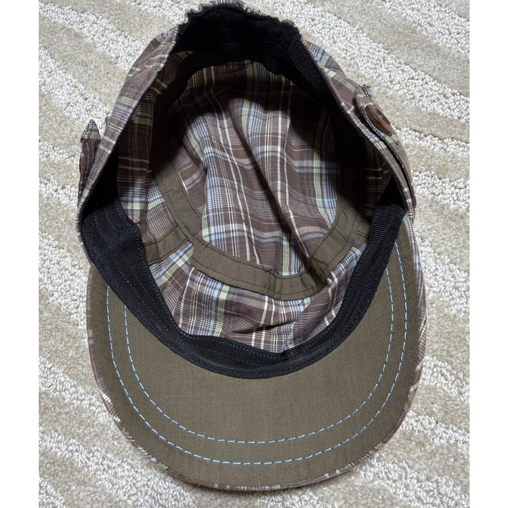 TROPICAL TRENDS Plaid Button Detail 100% Cotton Elastic Back Cap Hat One Size