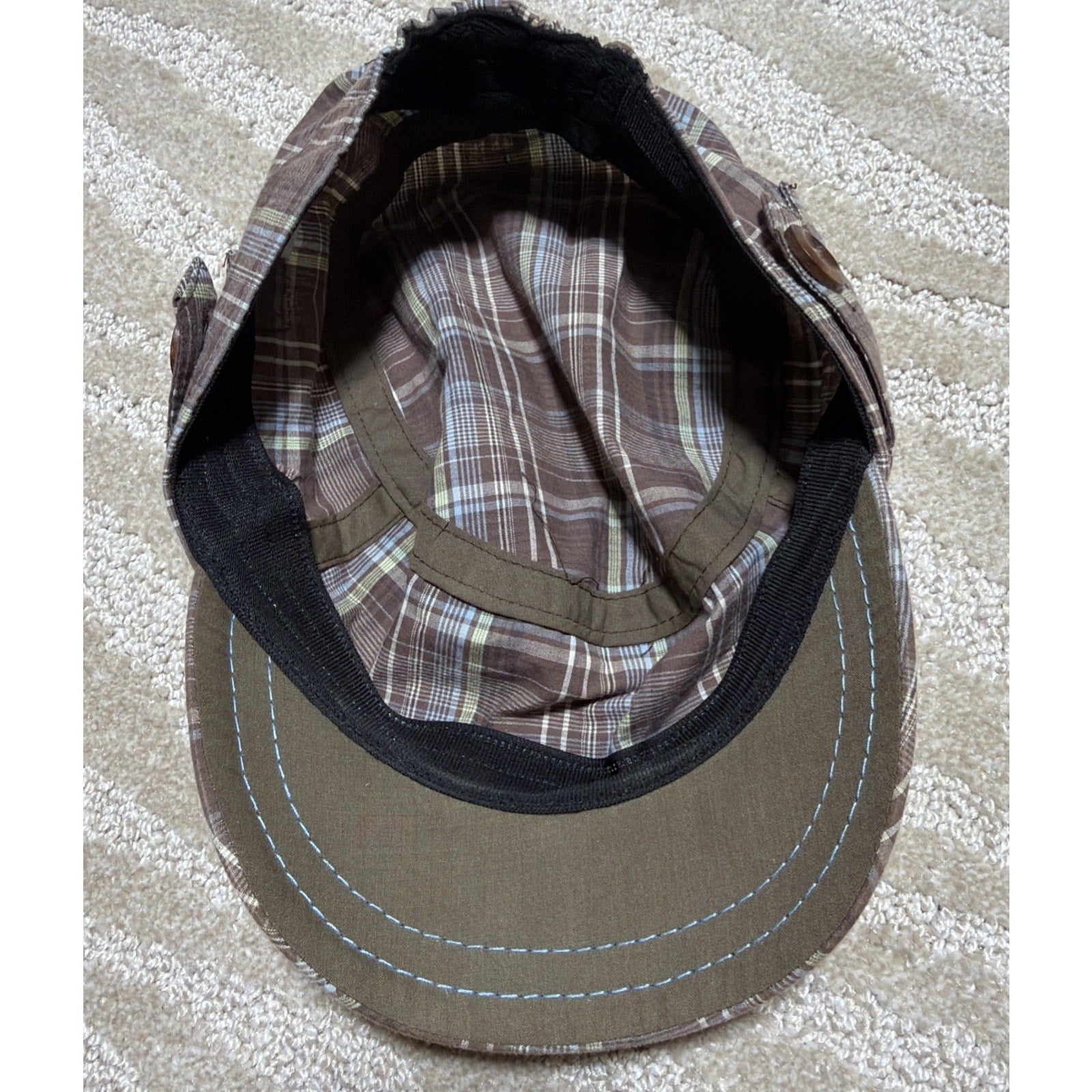 TROPICAL TRENDS Plaid Button Detail 100% Cotton Elastic Back Cap Hat One Size