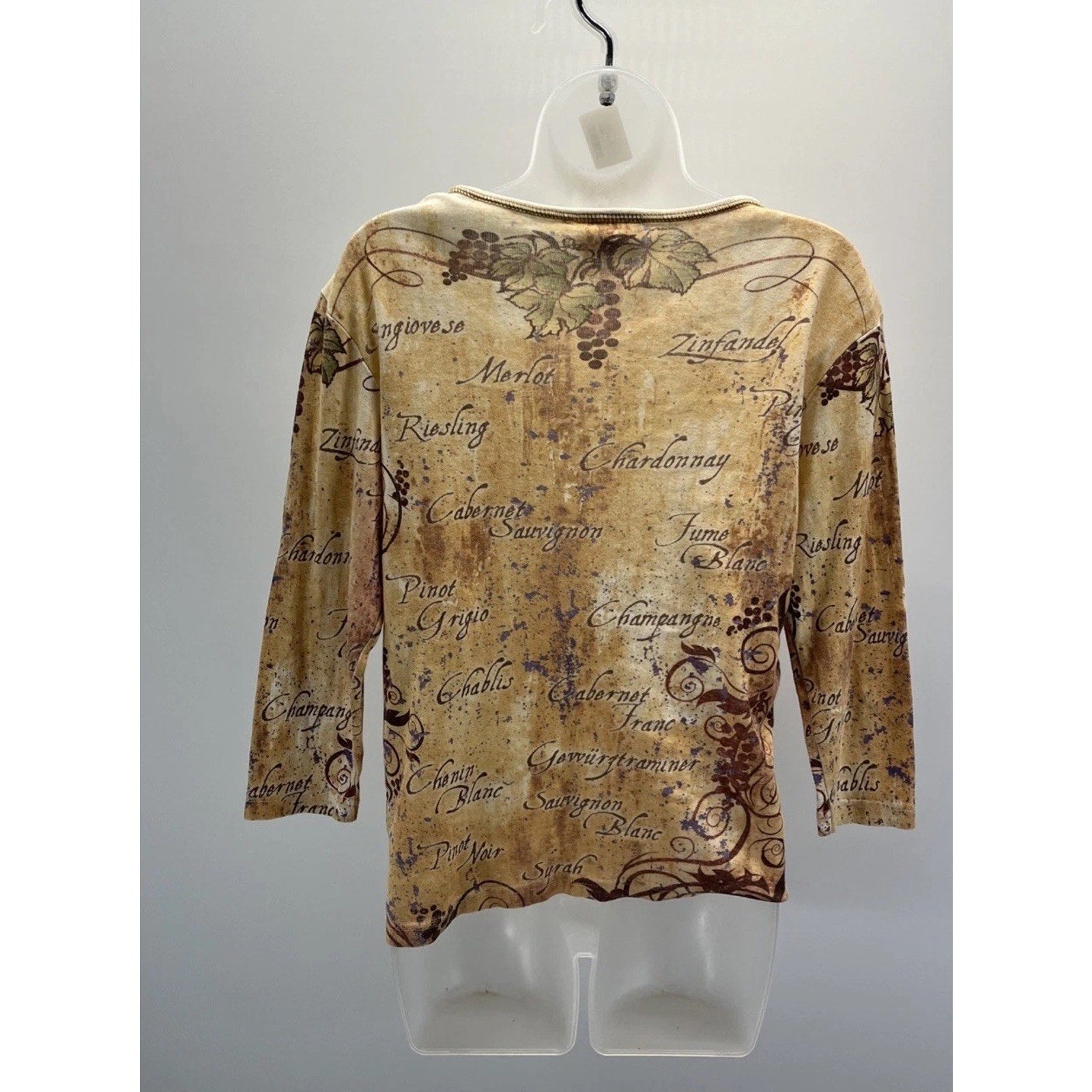 Cactus Bay Tattoo Print Womens S 3/4 Sleeve Top Merlot Wine Glasses Made USA