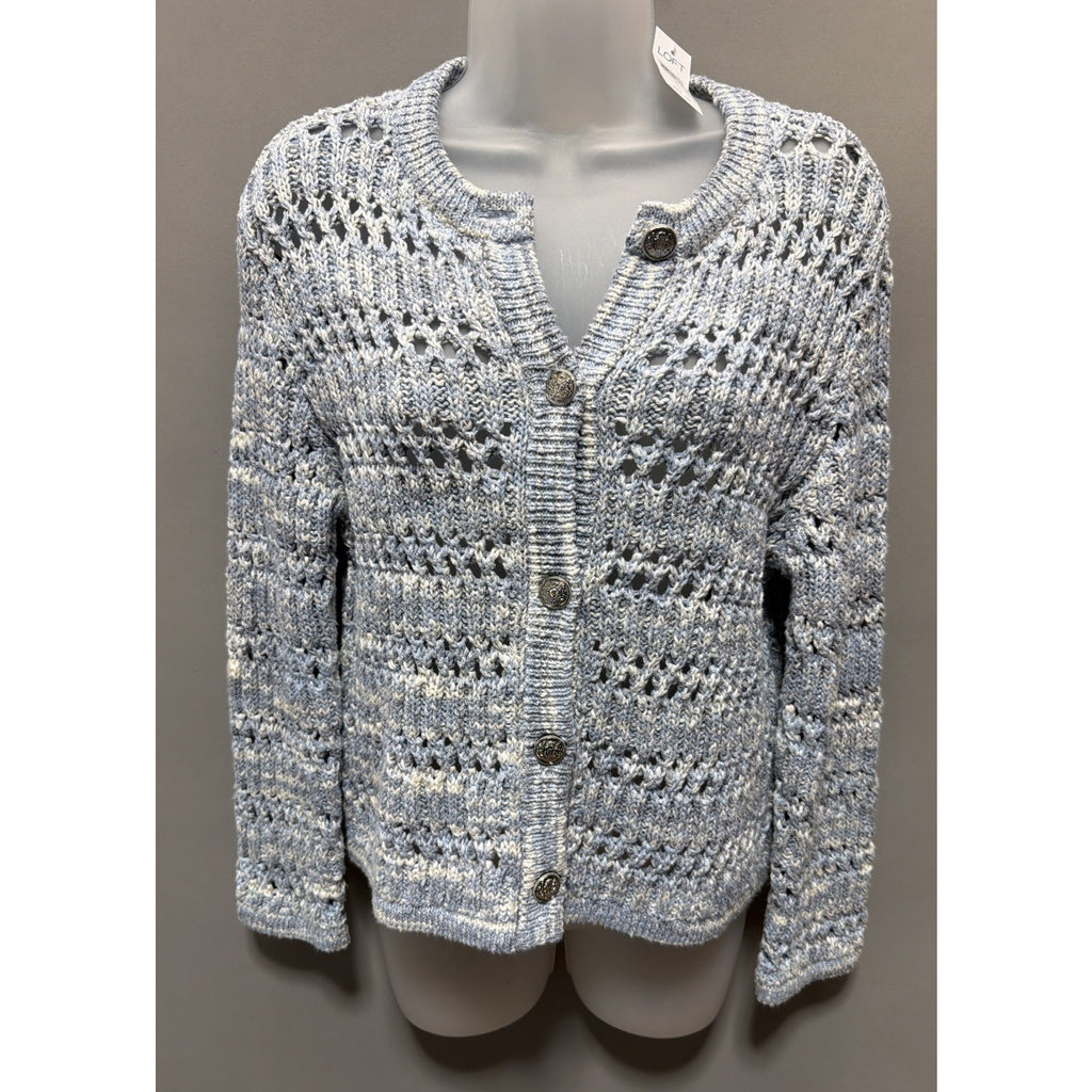 LOFT Marled Chunky-Knit Button V-Neck Cardigan Sweater Blue Small Msrp 98$