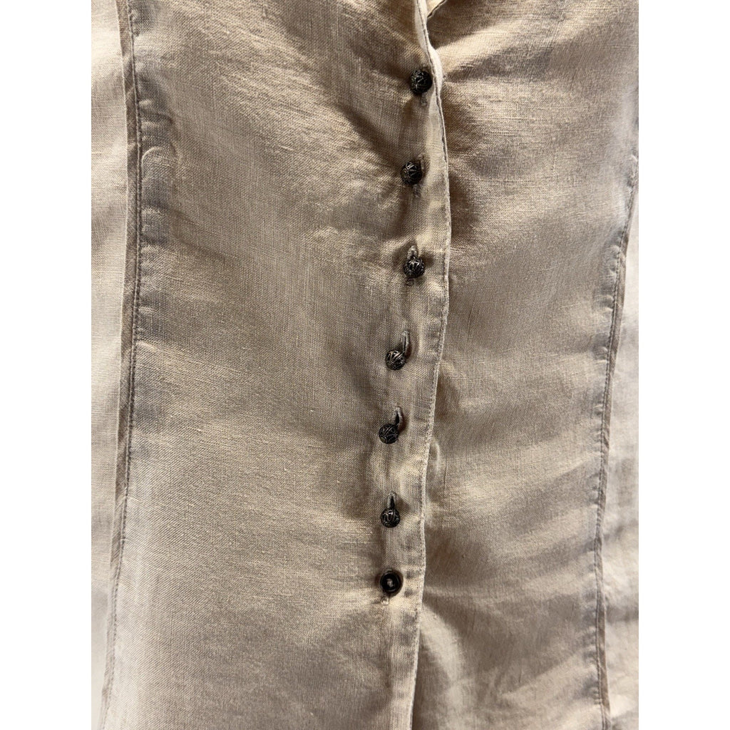 Jones New York Tan Linen Cap Sleeve Button Down Blouse Designer Buttons Size 12