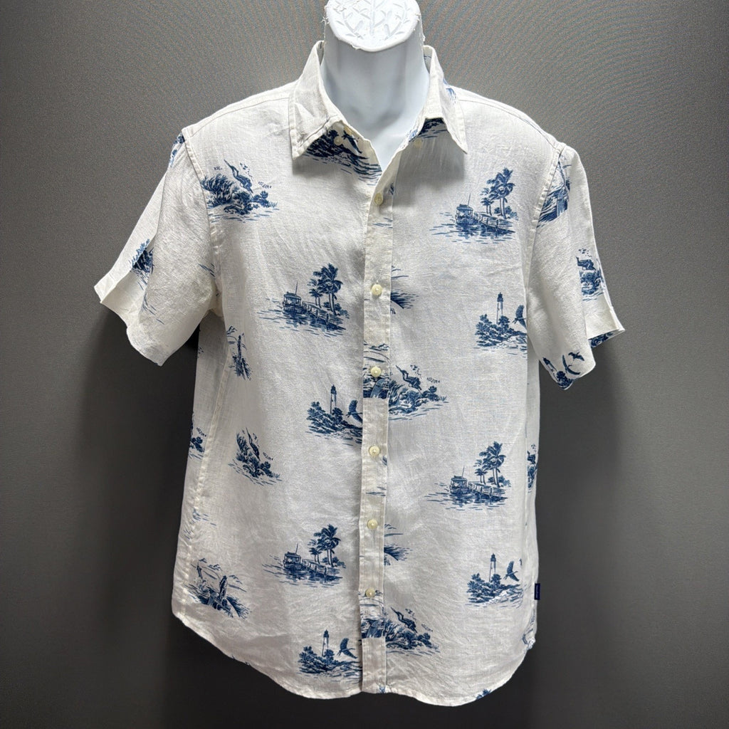 Vineyard Vines Shirt Mens M White 100% Linen Short Sleeve Casual Camp Fish Hunt