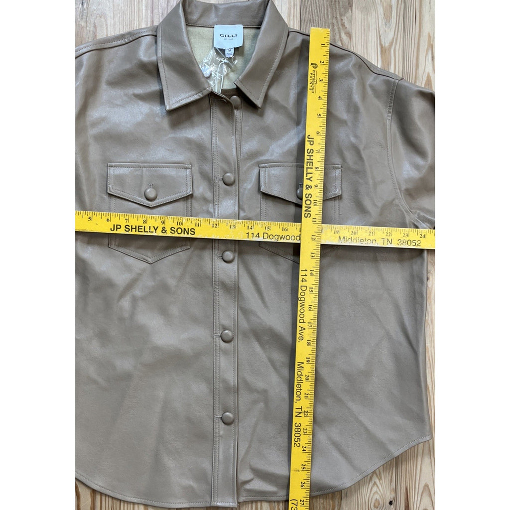 NWT Gilli Faux Leather Shacket Button Up Womens Tan Sz M