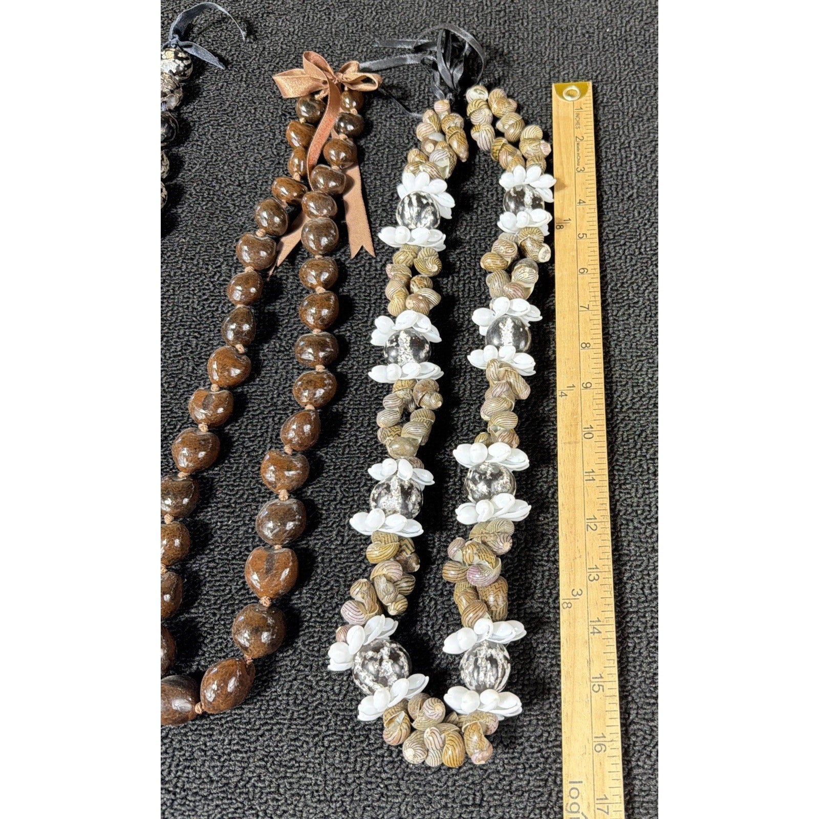 3 Mongo Shell Hawaiian Lei Necklace Accented w/ Kukui Nuts Luau