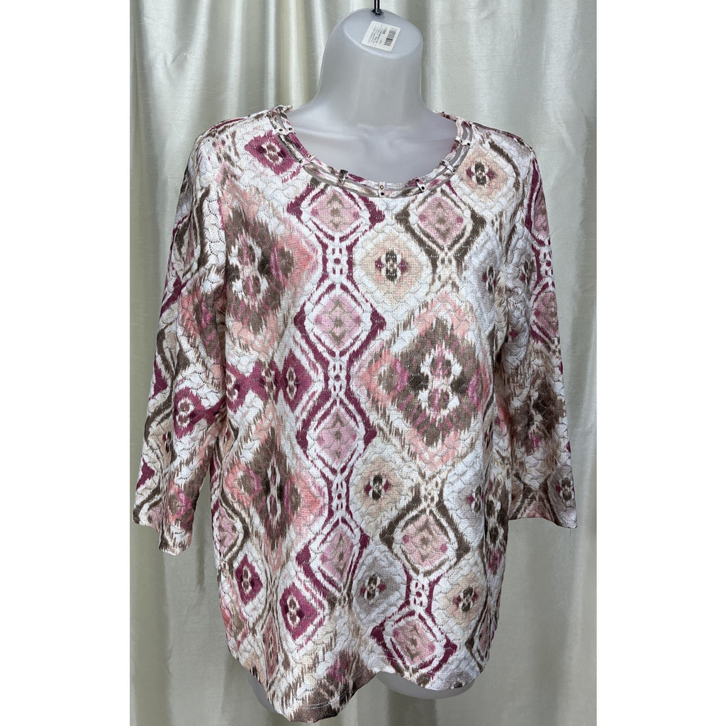 Alfred Dunner Quilted Shirt Women's Small Lined Pink Abstract Jewels 3/4 Sleeve