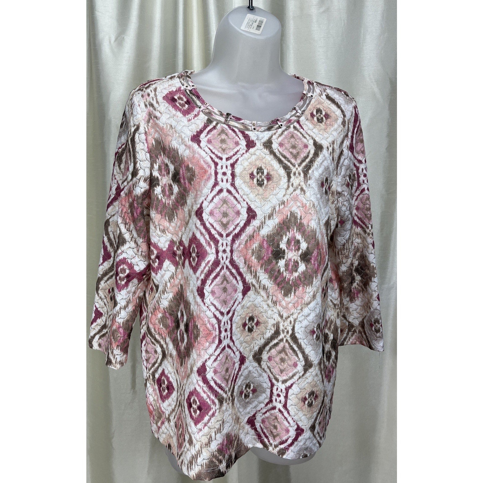 Alfred Dunner Quilted Shirt Women's Small Lined Pink Abstract Jewels 3/4 Sleeve