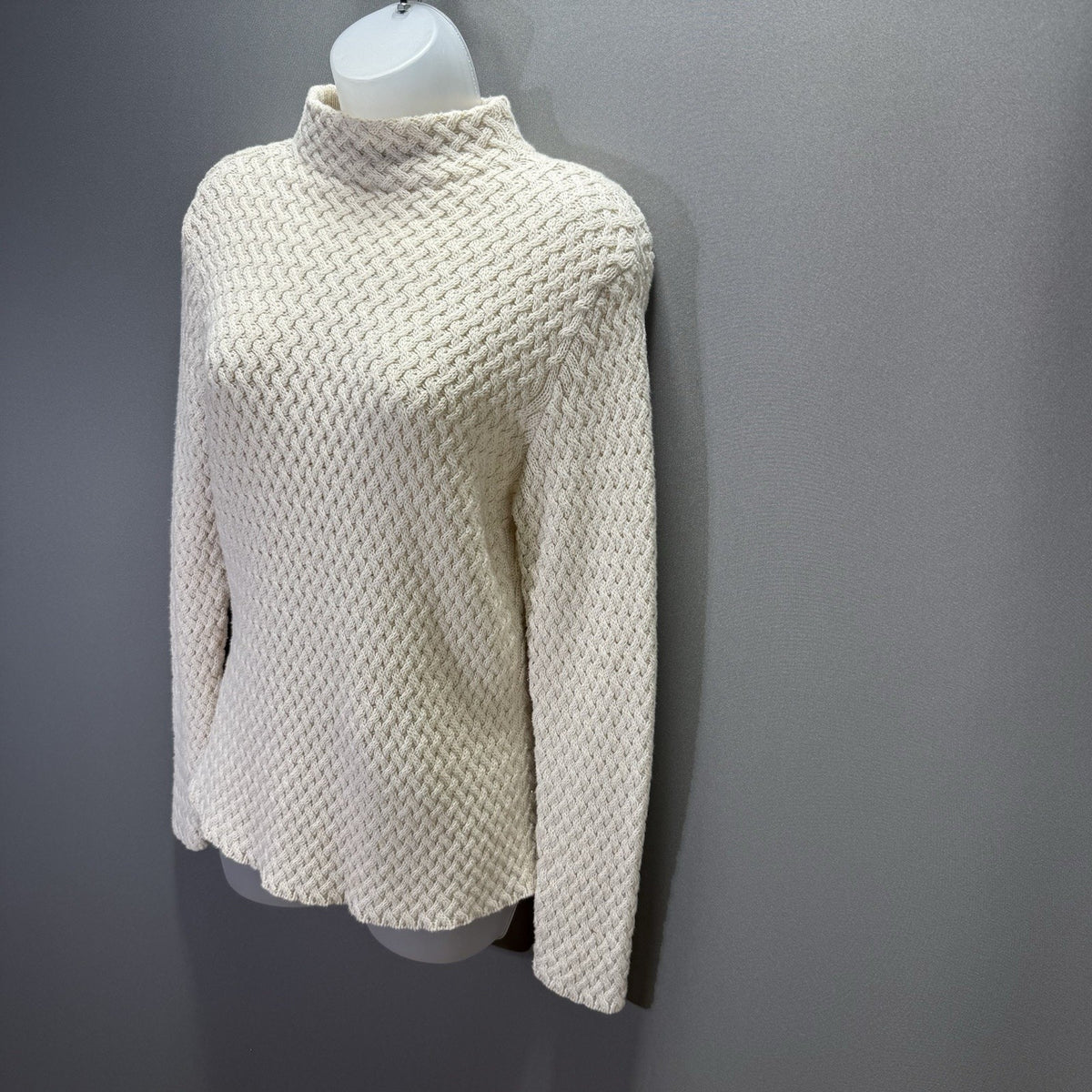 Wainscott Sweater Womens L Cream 100% Cotton Basketweave Mock Neck Pullover