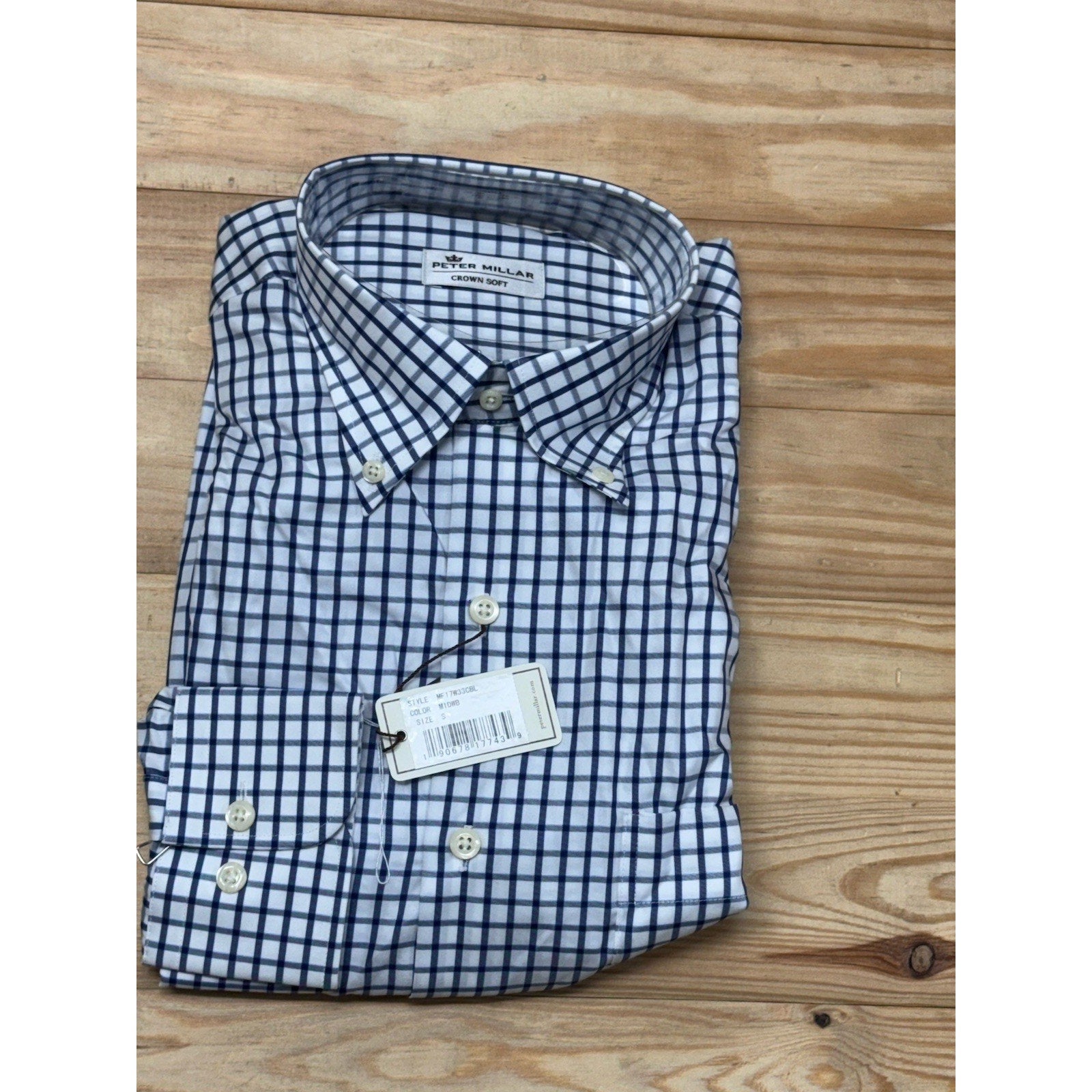 Peter Millar Crown Soft Cotton Silk White Blue Plaid Shirt Men’s Small NWT