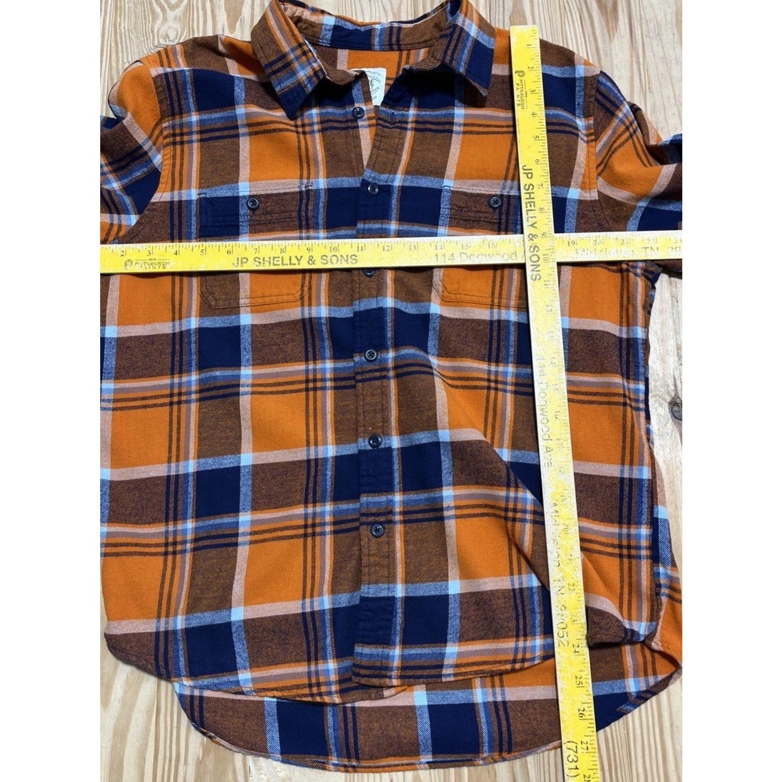 True Craft Men’s Sz Large Orange & Navy Plaid Flannel Button-Down Shirt