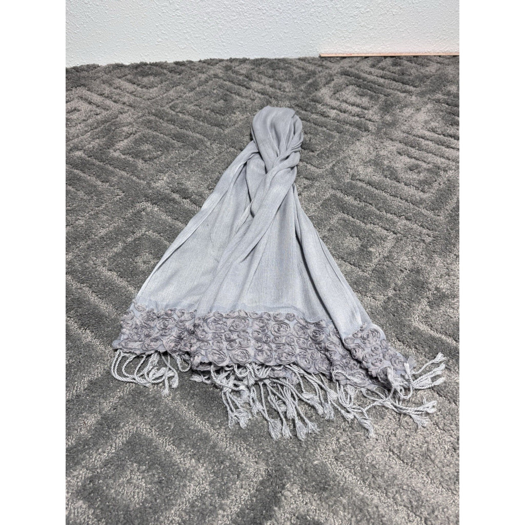 Unbranded Blue Gray Rosette Fringed Trim Scarf Lightweight No Tag Linen Blend