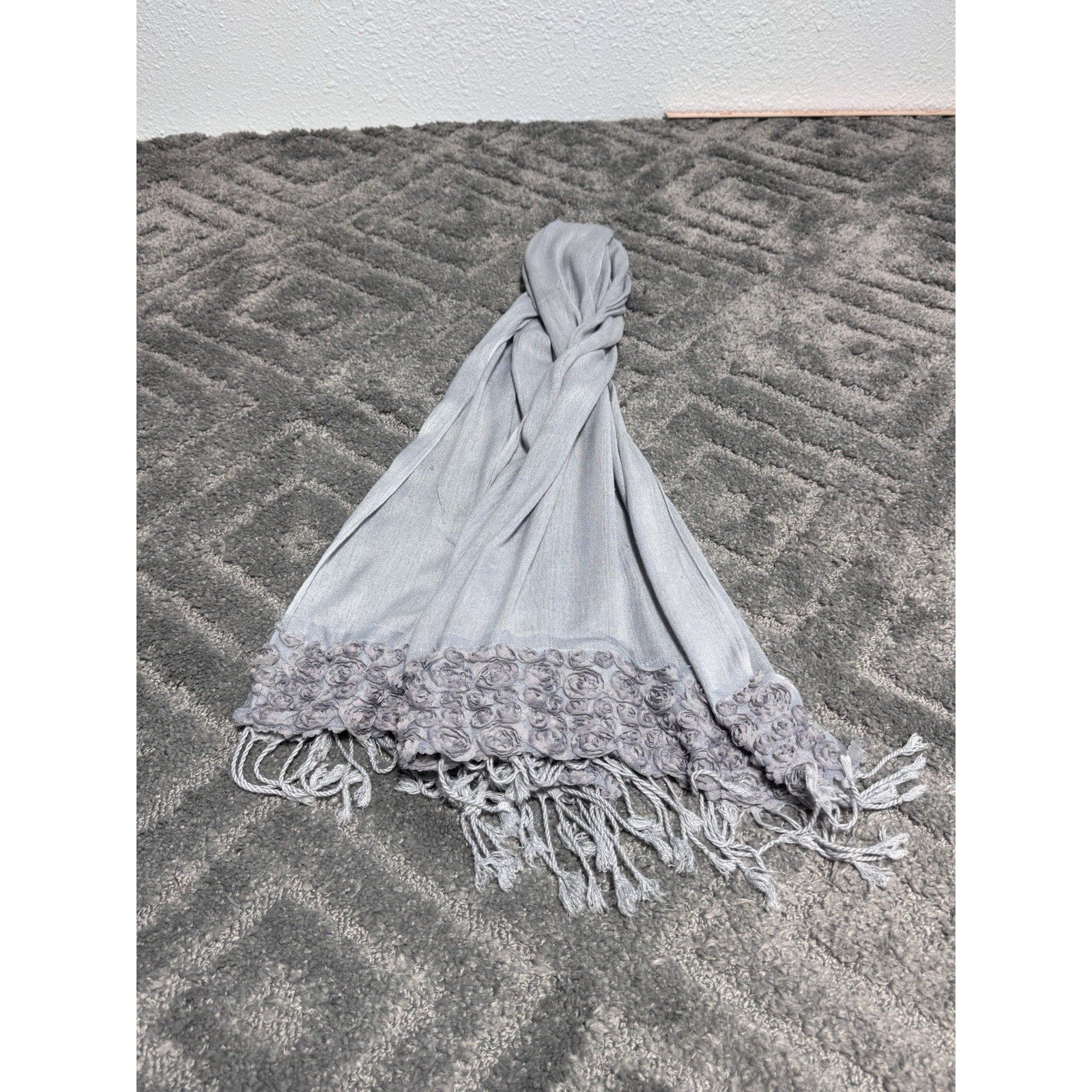Unbranded Blue Gray Rosette Fringed Trim Scarf Lightweight No Tag Linen Blend