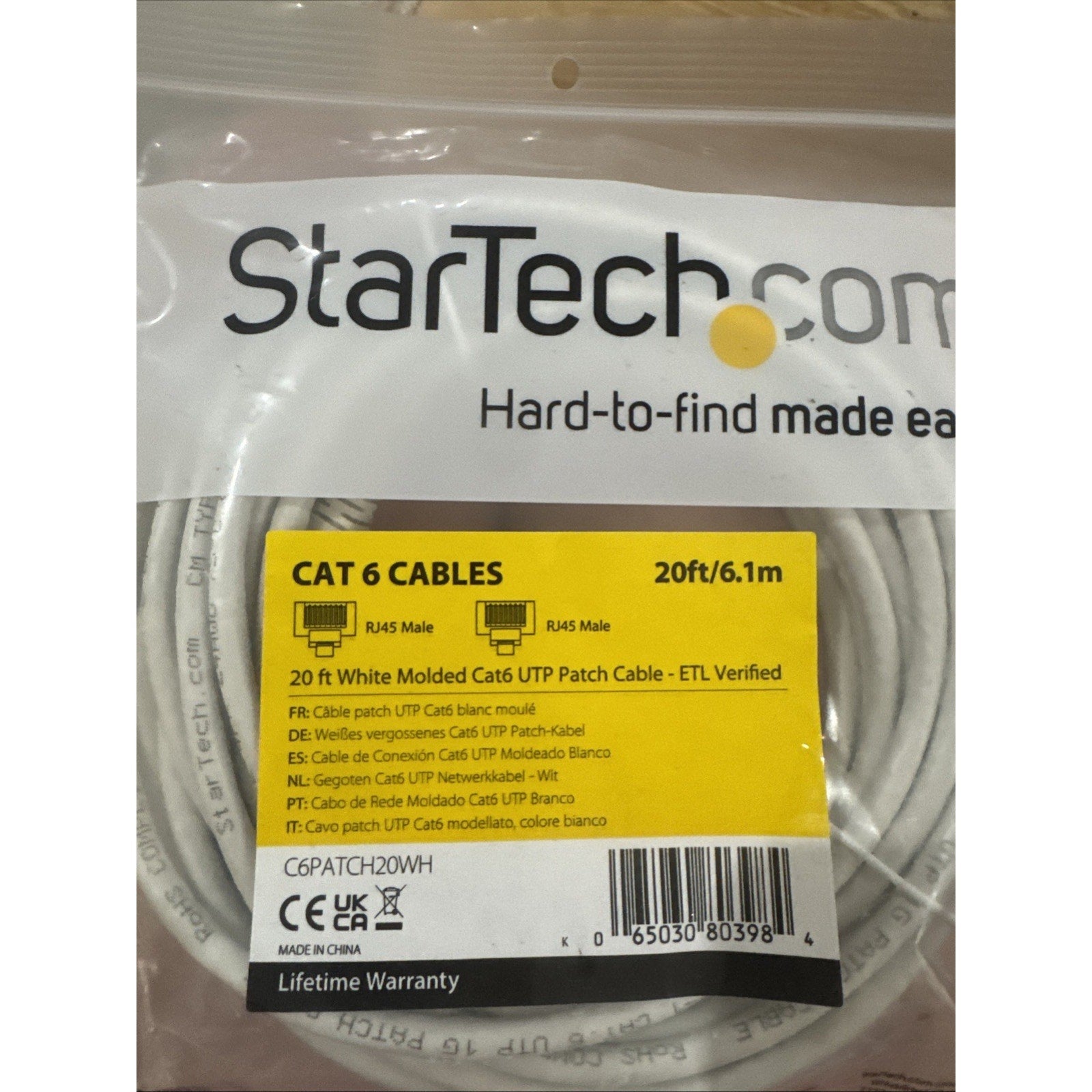 StarTech C6PATCH20WH 20Ft CAT6 Gigabit Ethernet Cable Molded RJ45 UTP Cord White