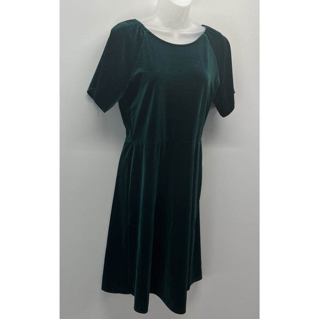 Women's Green Velour Dress Short Sleeve Fit and Flare Dress Velvety XL
