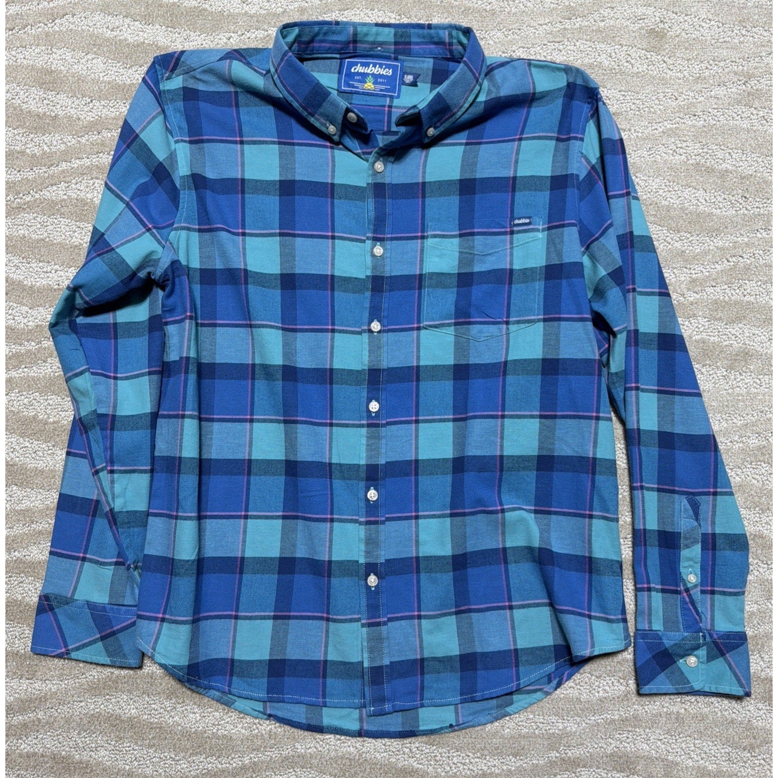Chubbies Mens XL Blue Teal Plaid Button Down Long Sleeve Shirt Cotton Casual EUC