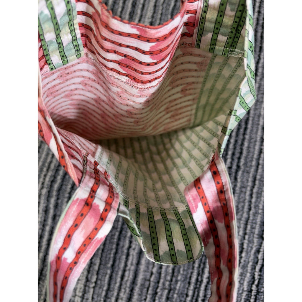 Vintage Red and Green Cotton Fabric Tote Bag Small Handbag