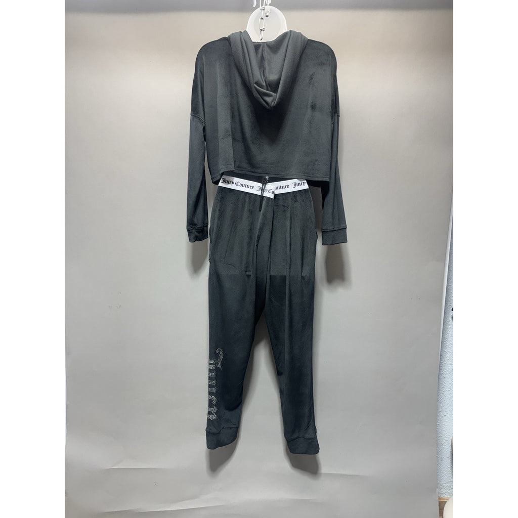 Velour Tracksuit Set Womens M Cropped Hoodie Joggers Rhinestone Logo Y2K Black