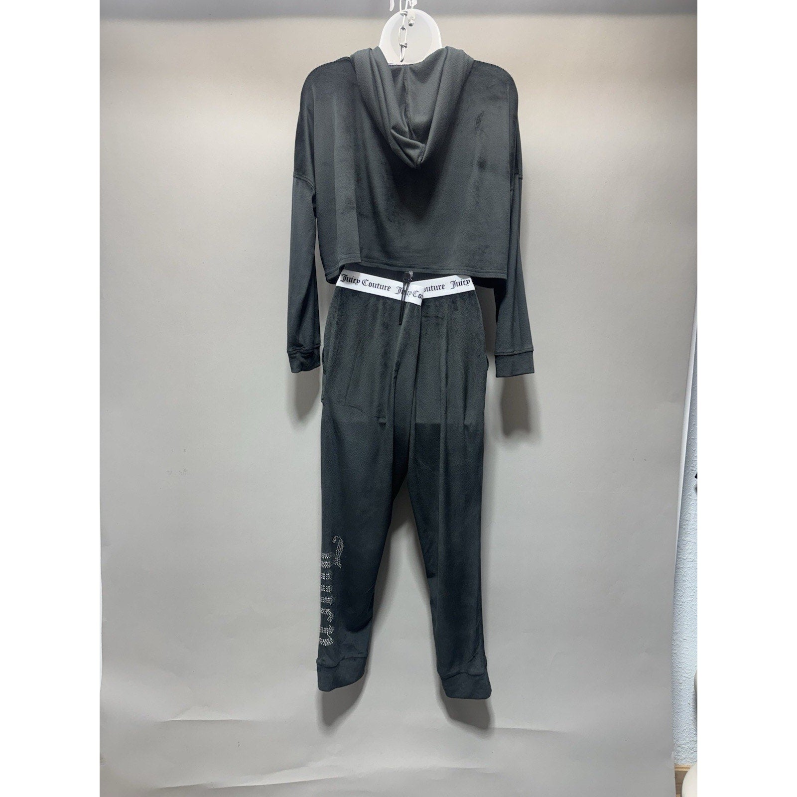 Velour Tracksuit Set Womens M Cropped Hoodie Joggers Rhinestone Logo Y2K Black