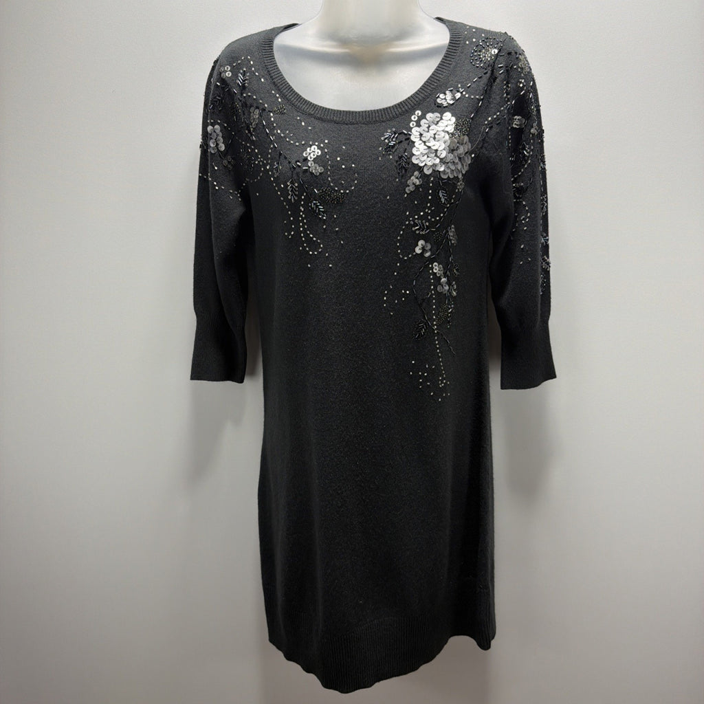 Cato Grey Ribbed 3/4 Sleeve Embellished Jewel Pullover Sweater Dress Sz Small