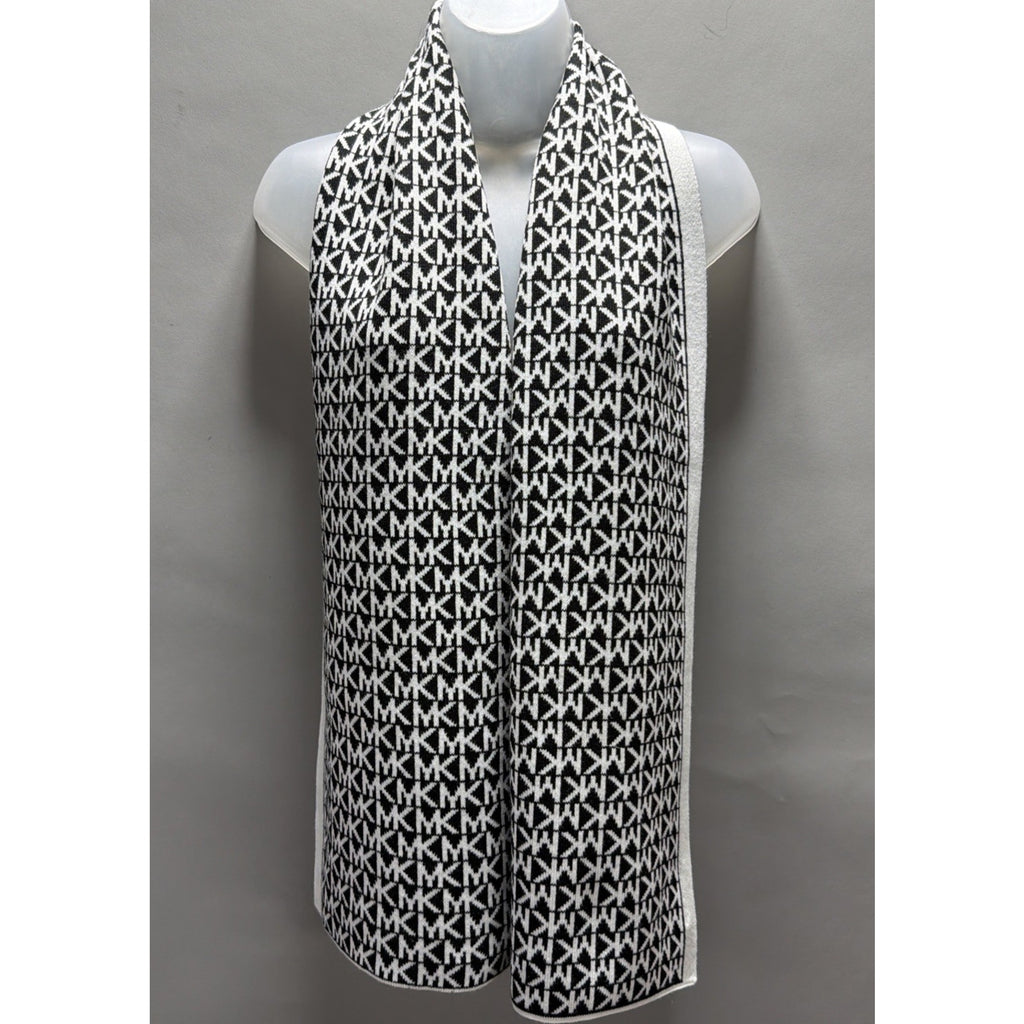 Michael Kors 100% Acrylic Mk Monogram Scarf Black White Jacquard Knit Wrap