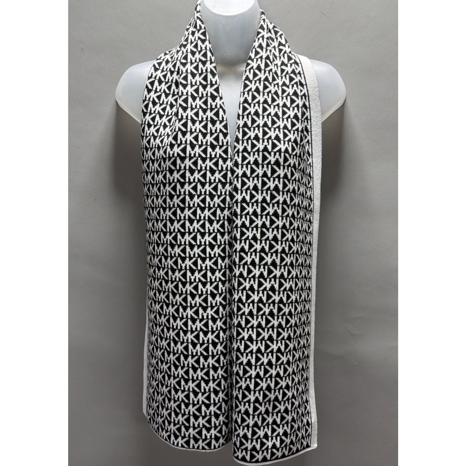 Michael Kors 100% Acrylic Mk Monogram Scarf Black White Jacquard Knit Wrap