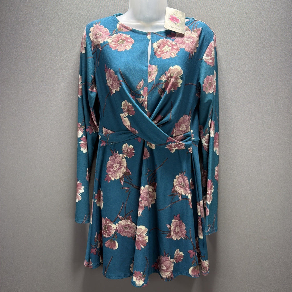 Lily Rose Twist Front Swing Dress Teal Mauve Flowers Floral Midi Dress XL Stretc