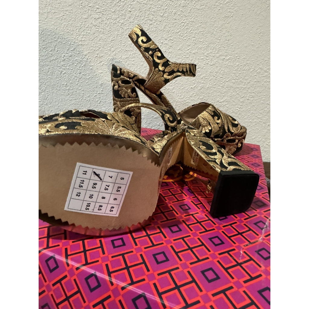 Tory Burch Loretta Embroidered Platform Sandals Black/gold 6.5 NWB