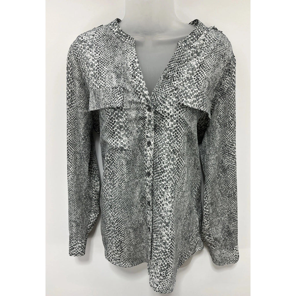 CALVIN KLEIN, WOMENS LS BUTTON DOWN, ANIMAL SKIN PRINT TOP Medium BLACK WHITE