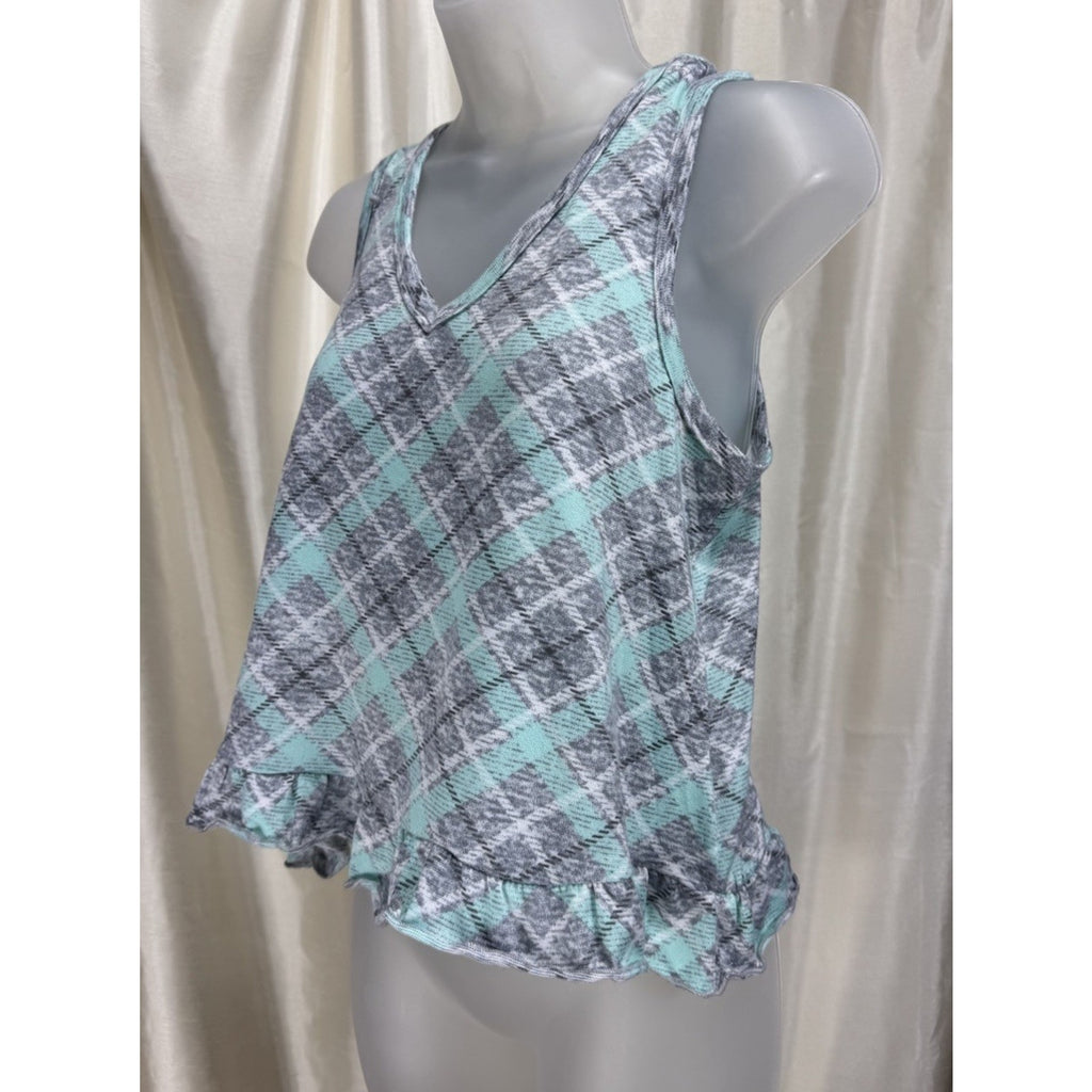 PJ Couture Woman's Extra Soft Gray Green Plaid Sleeveless Top Medium