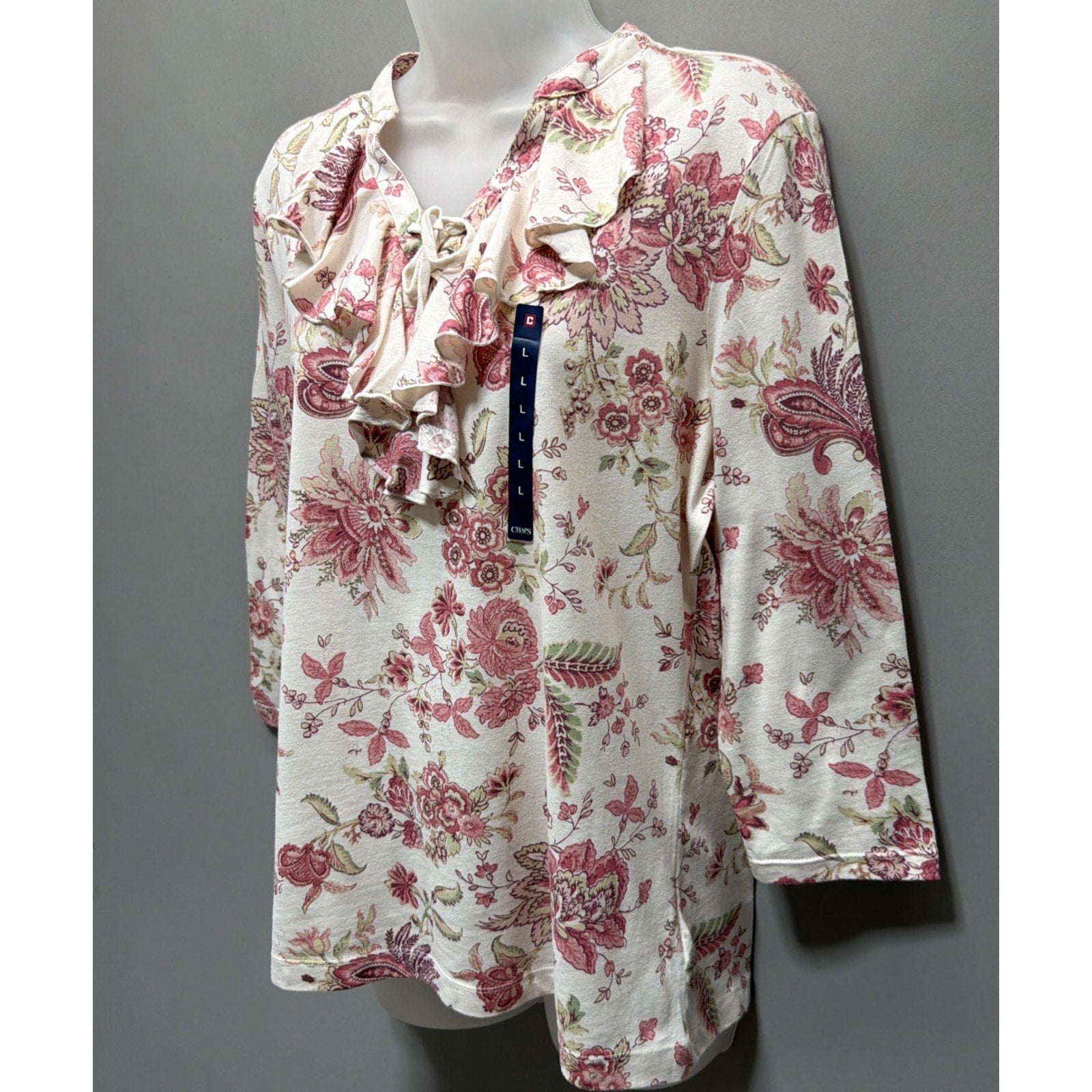 NWT Chaps Denim By Ralph Lauren Cream Paisley Ruffled Blouse Women's Large