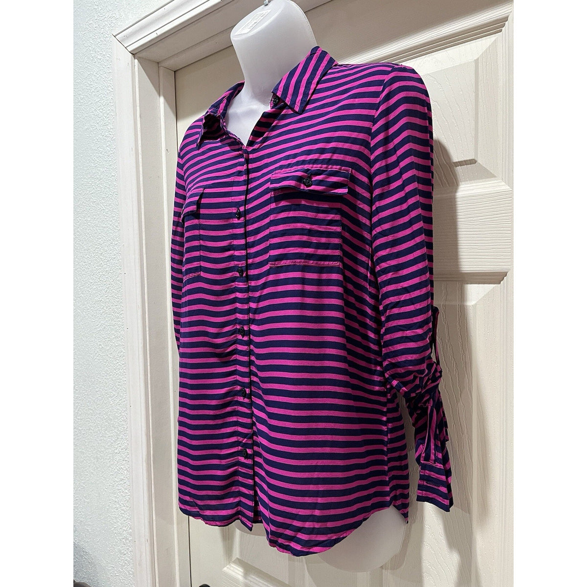 Women's Old Navy Blue And purple Striped Button Up Shirt Size S Pockets