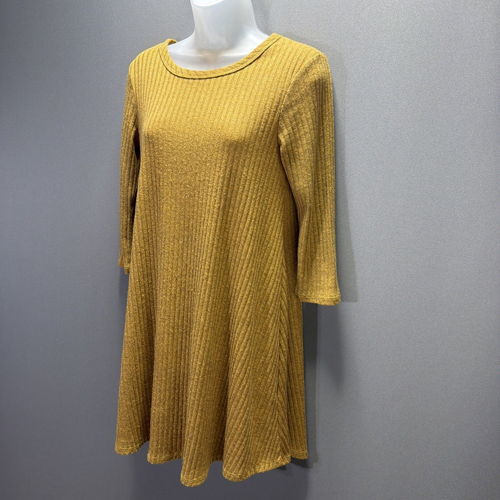 Pinc Womens Tan Round Neck 3/4 Sleeve Ribbed Knit Mini Dress M Stretch USA