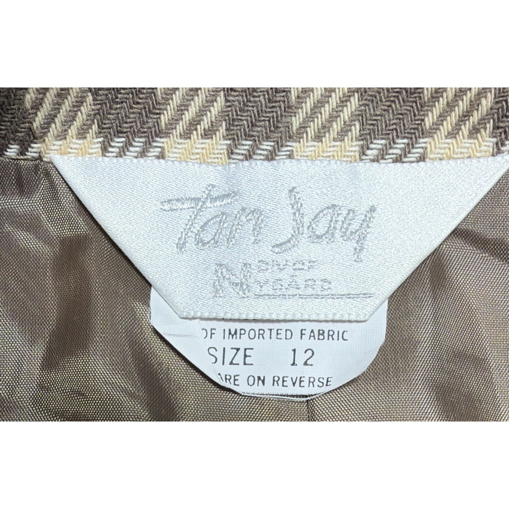 Vintage Women's Tan Jay Sz 12 Wool Blend Houndstooth BLAZER Jacket Made In USA