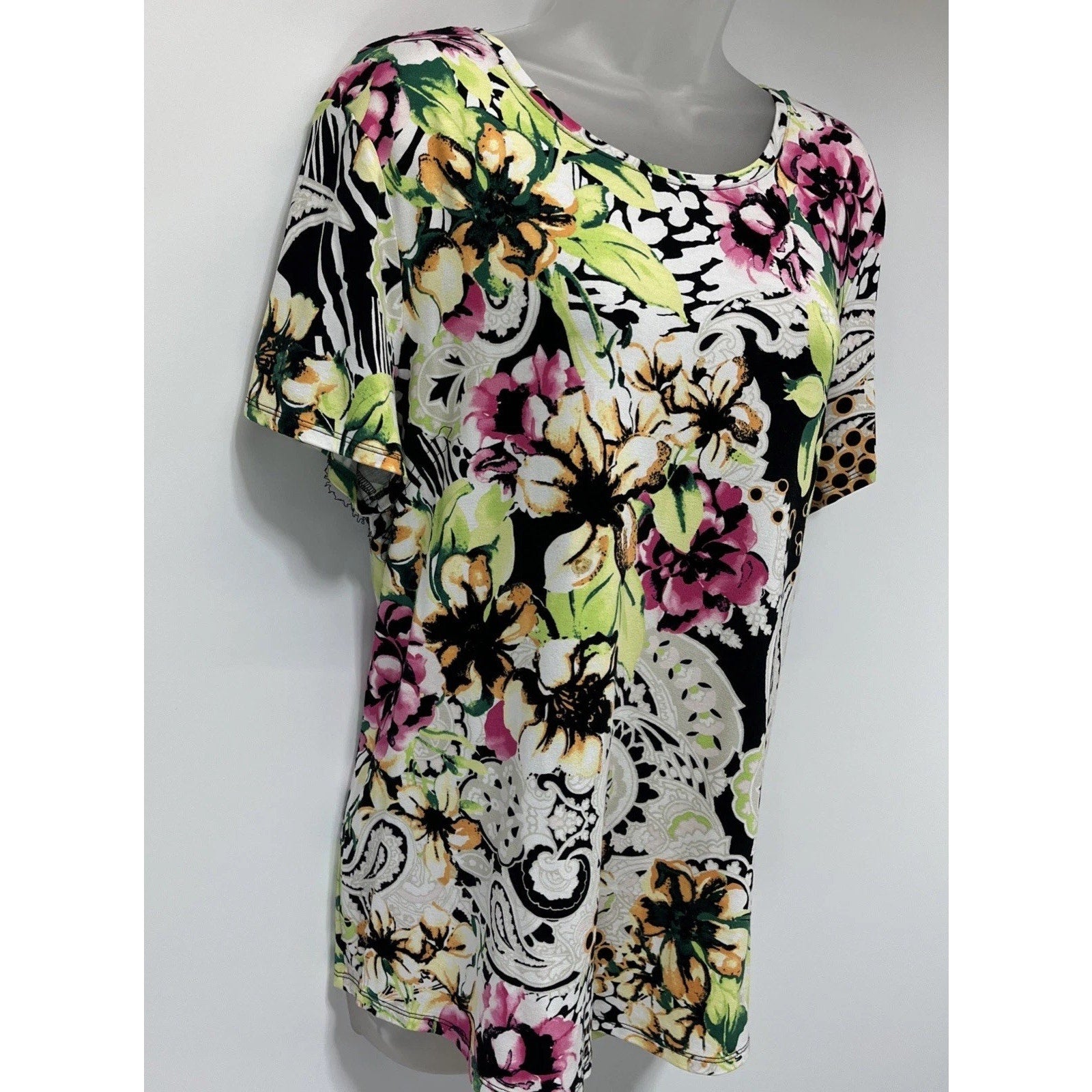 Chicos Top Women 2 US L Multi Floral Blouse Colorful Stretchy Bloomcore Mature