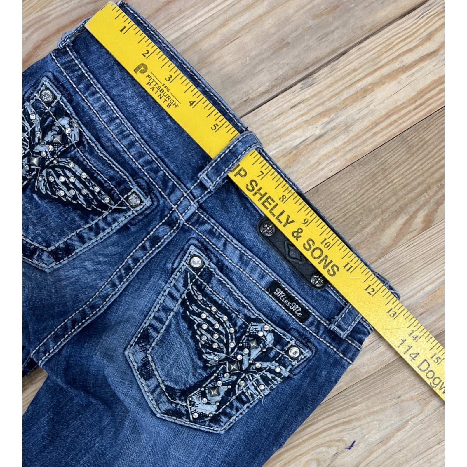 Miss Me Jeans Youth 12 Blue Denim Skinny Rhinestones Studs Dark Wash Women 25x29