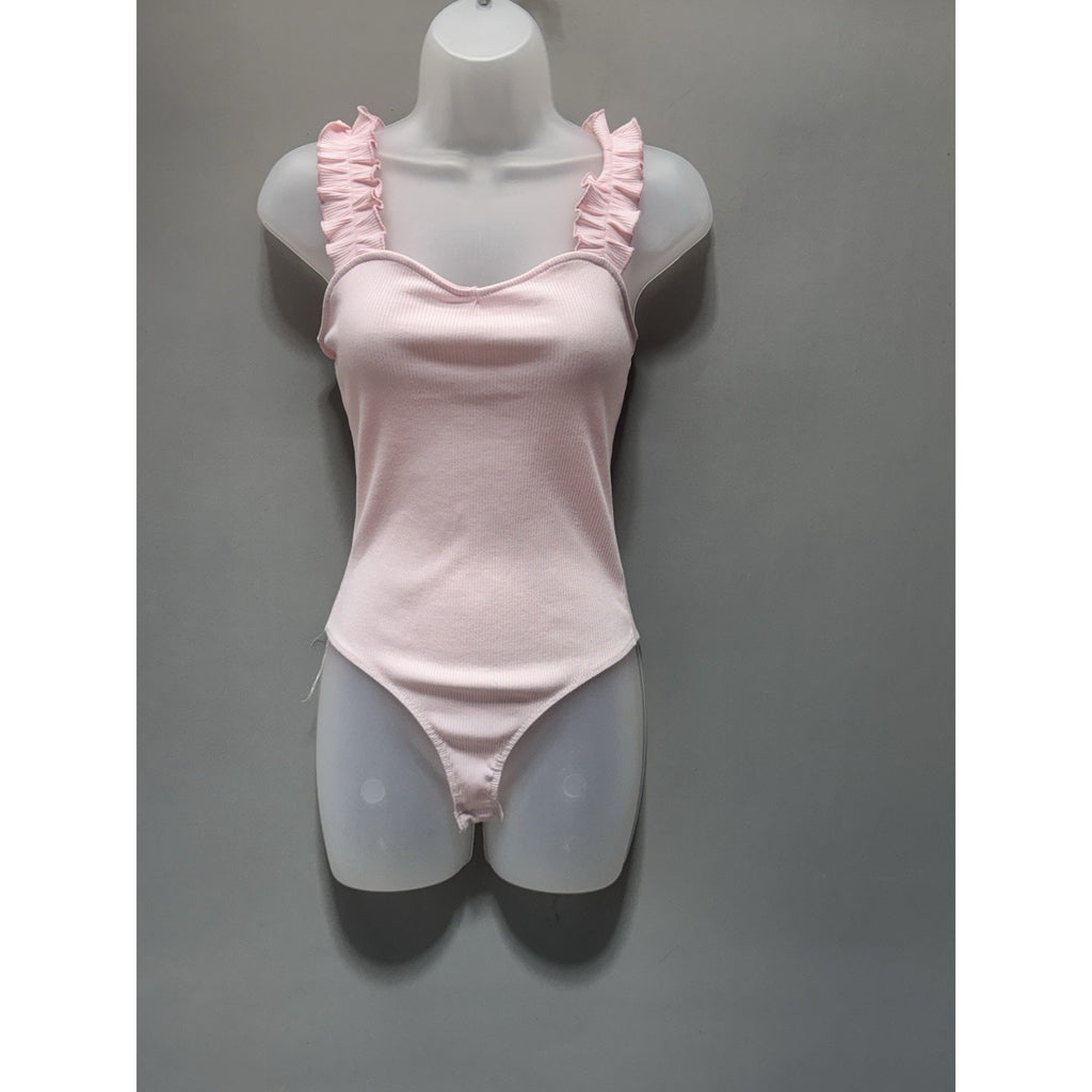 Blue Rain Pink Ribbed Ruffle Strap Bodysuit Women’s Large Sweetheart Neck NWT