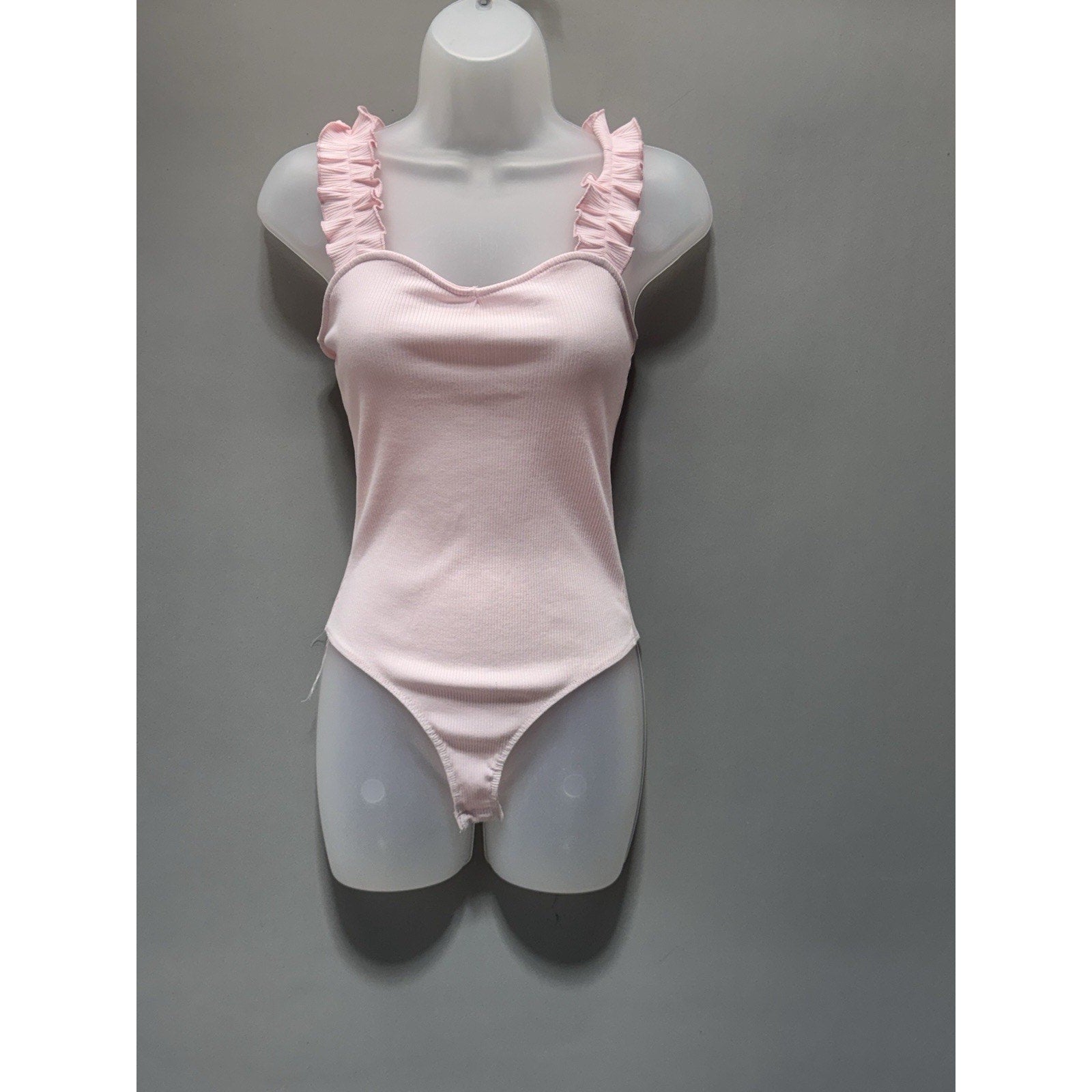 Blue Rain Pink Ribbed Ruffle Strap Bodysuit Women’s Large Sweetheart Neck NWT
