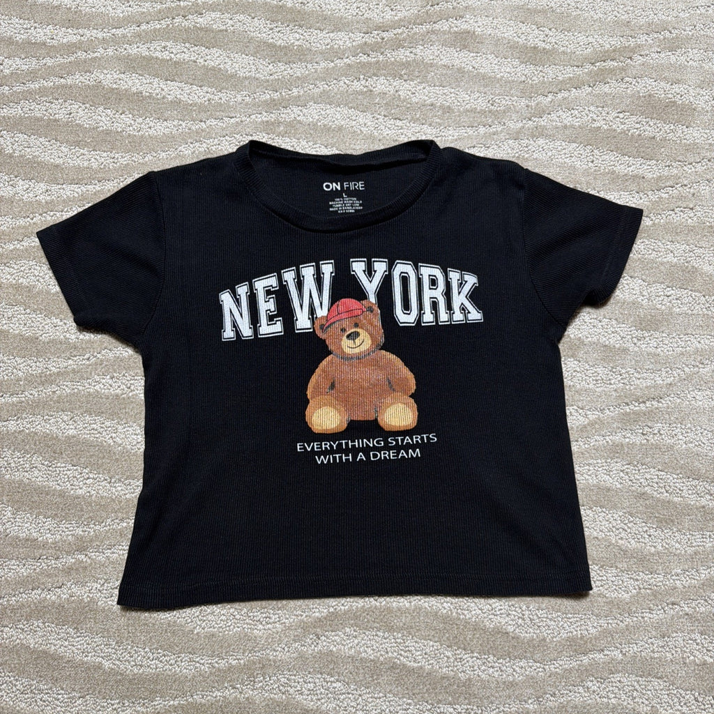 On Fire Women’s Dream New York Bear Graphic Crop Ribbed Tee – Size L Cotton