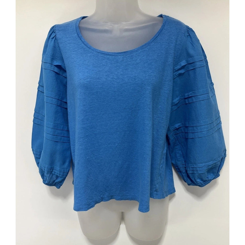 Chico's Blue Linen Blend Top Tiered Sleeve Long Sleeve Blouse Size 1 Medium