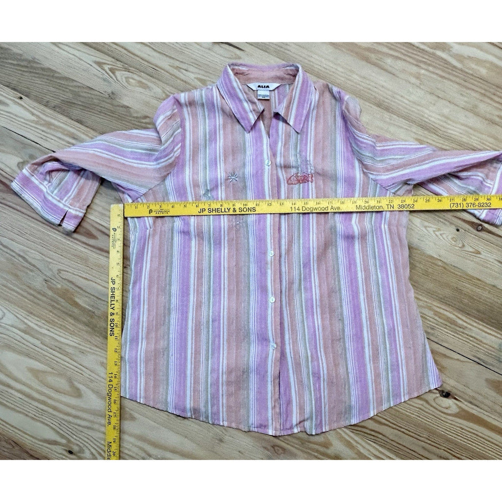 Alia Blouse Size 16W Pink Stripes Embroidered Butterflies/ Flowers 3/4 Sleeves.