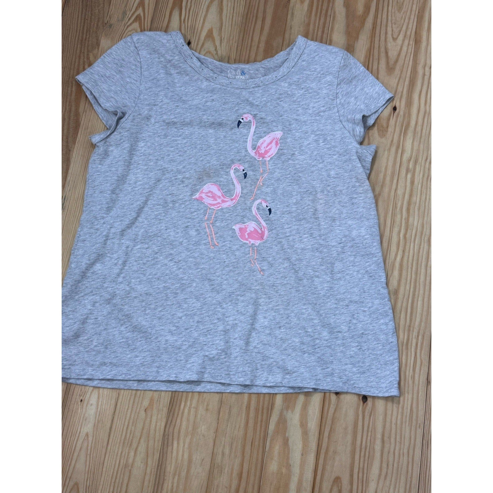 Womens Croft & Barrow Gray Short Sleeve Pink Flamingo Graphic Shirt Large EUC