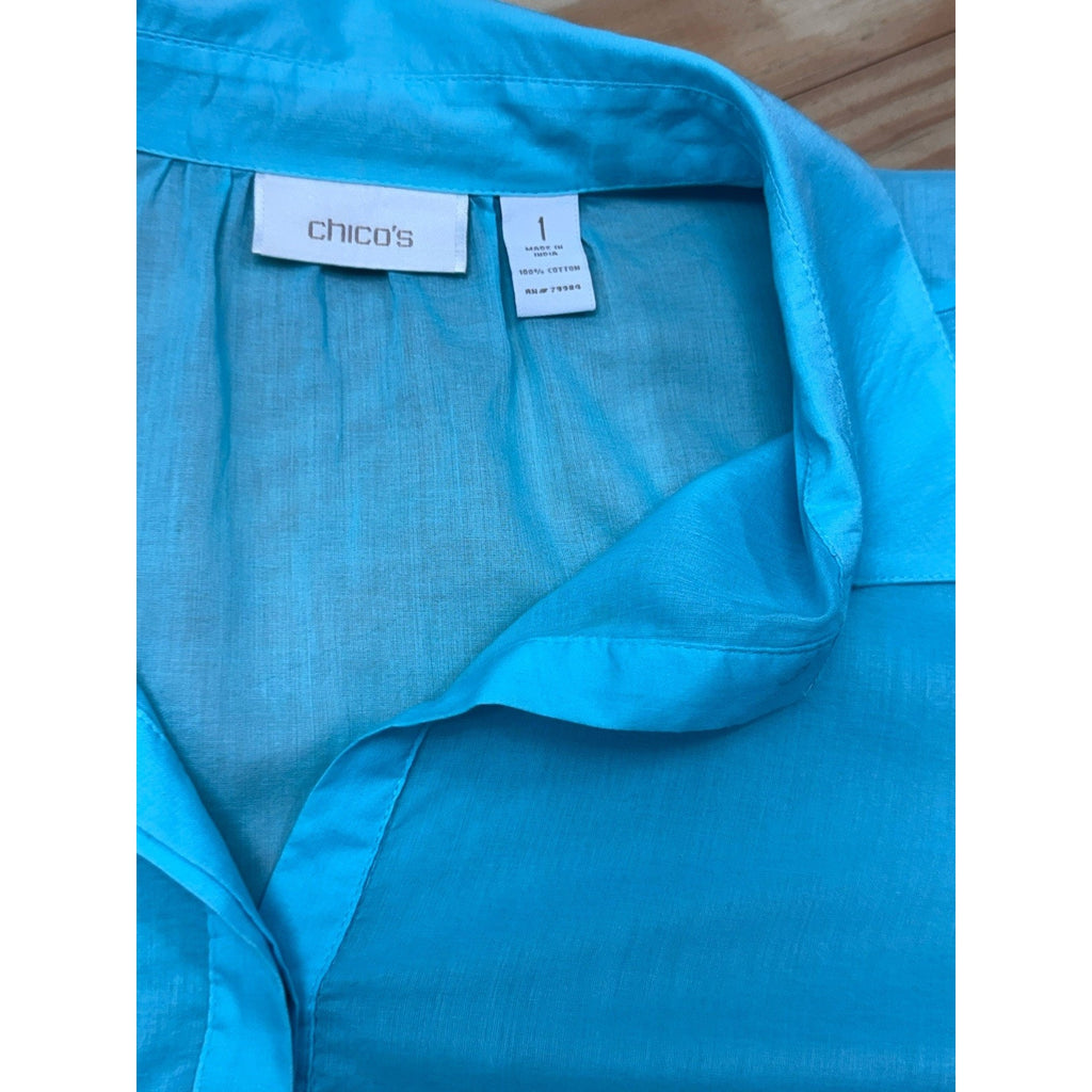 CHICOS Lightweight Sheer Tunic 1/2 Button Front Pockets Blue Women’s Size 1/Med