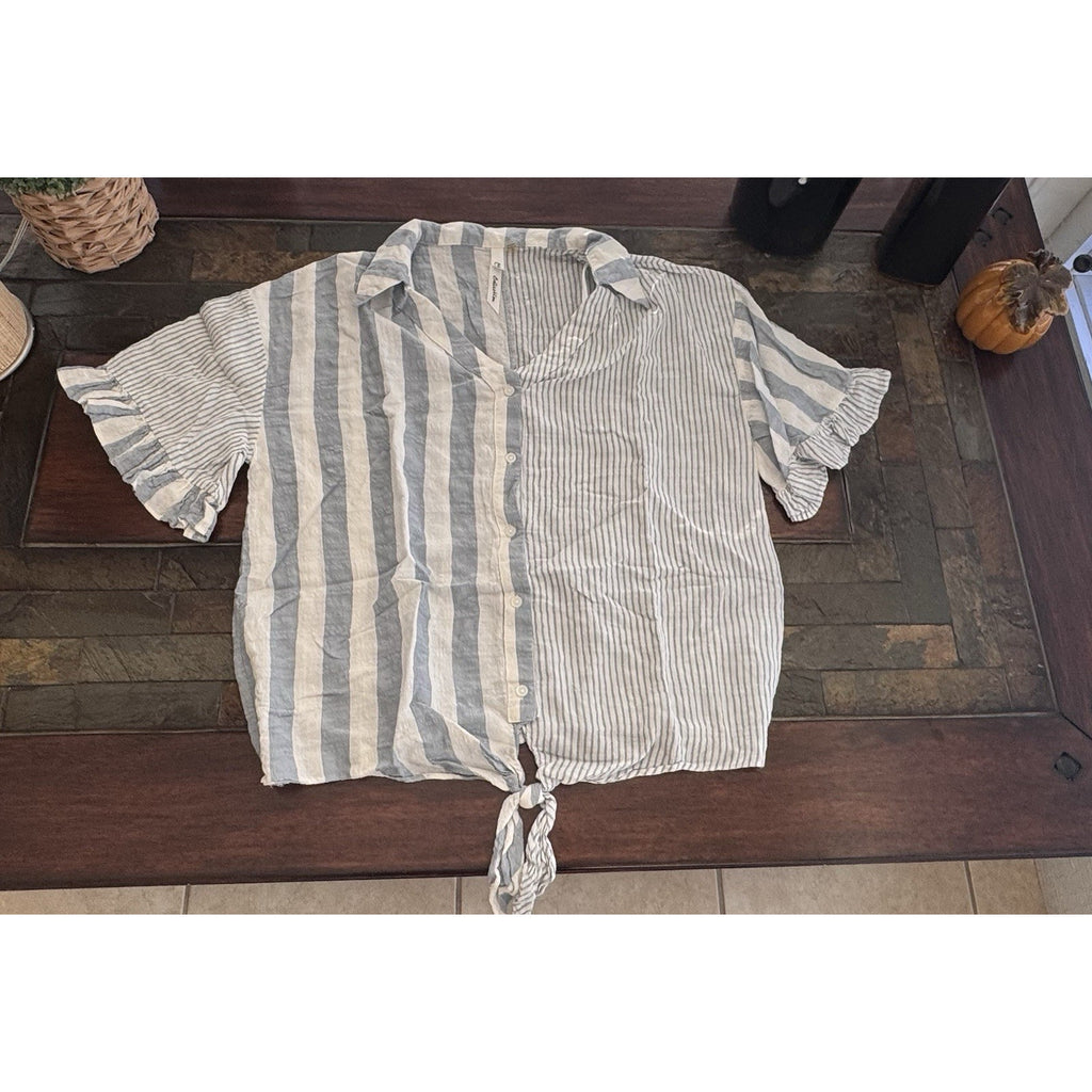 Beach Lunch Lounge Top Womens Medium Blue & White Striped Beachy Tie Front NY Co