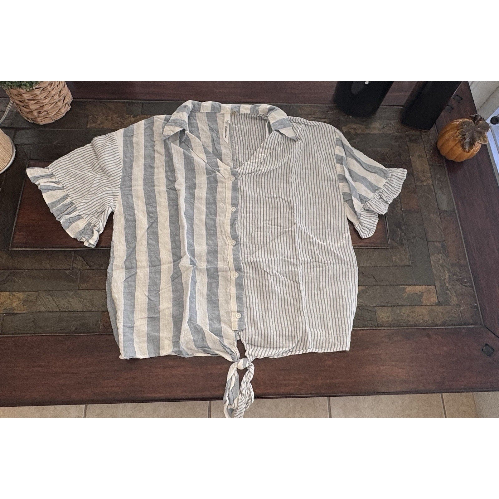 Beach Lunch Lounge Top Womens Medium Blue & White Striped Beachy Tie Front NY Co